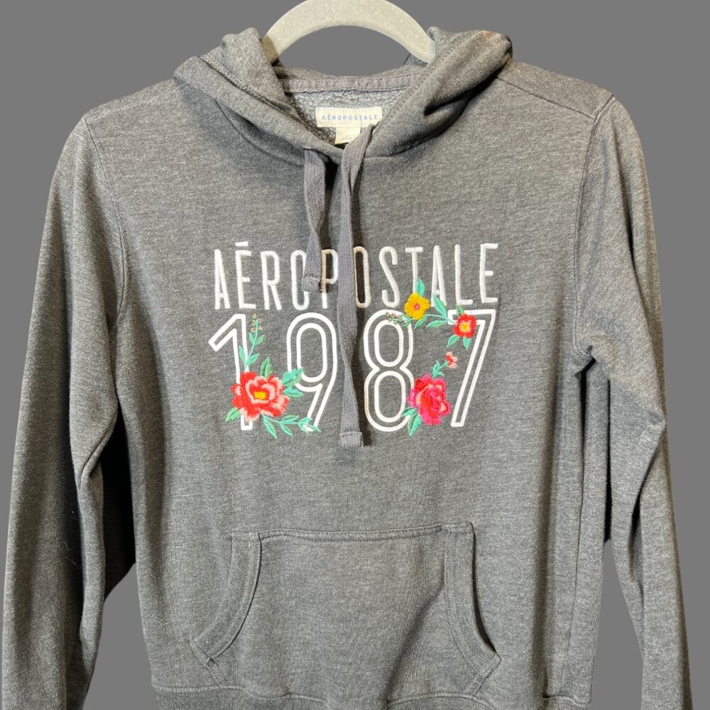 Aeropostale Grey Women's Hoodie with Text Logo and Flowers SZ XS